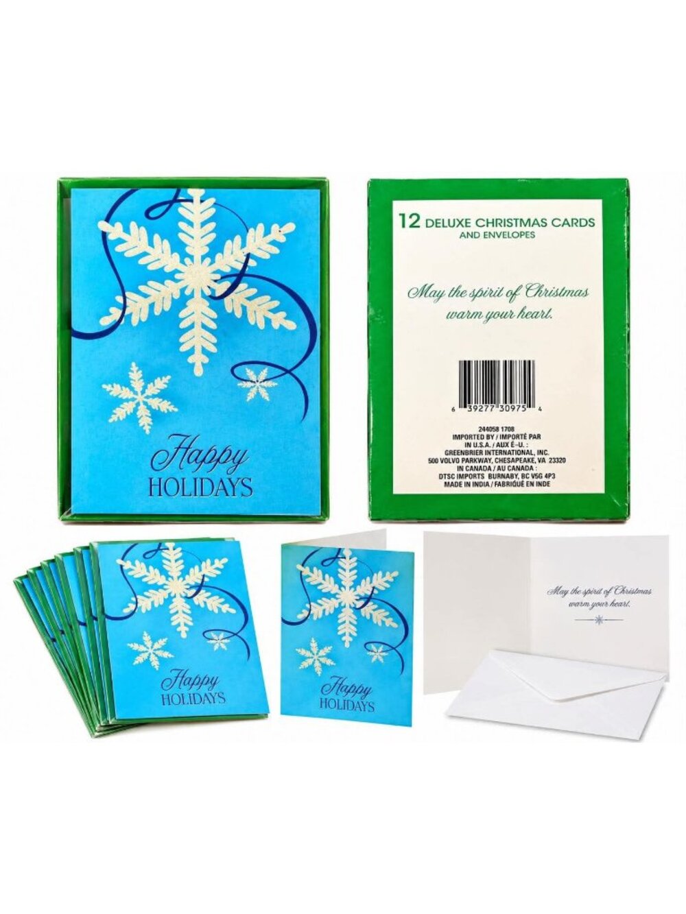 Deluxe Christmas Greeting Cards 12 Count Blue Snowflake Happy Holidays with Env